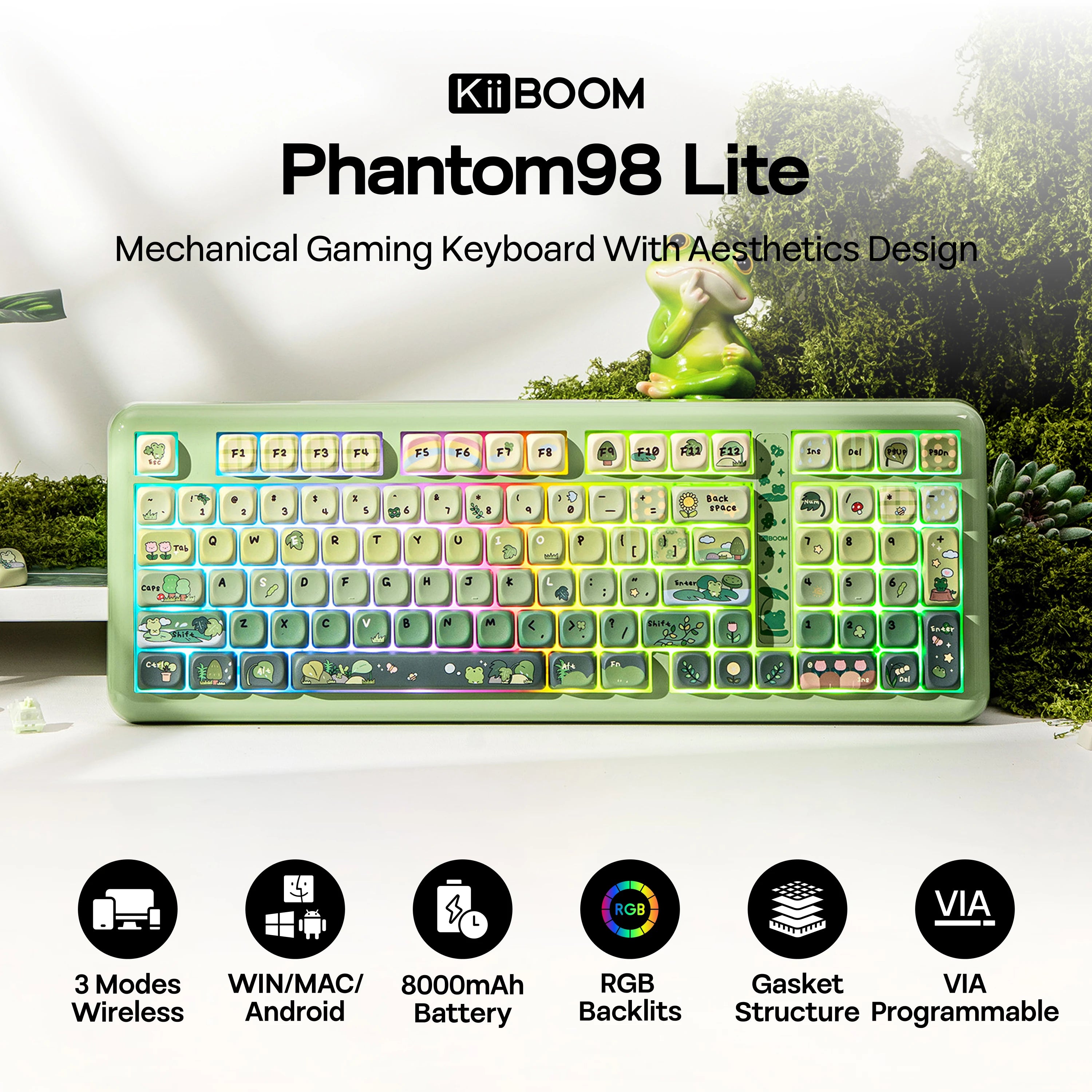 KiiBOOM Phantom98 Lite 96% ANSI US Layout VIA Programmable Gasket Wired/BT/2.4GHz Wireless Mechanical Gaming Keyboard 8000mAh