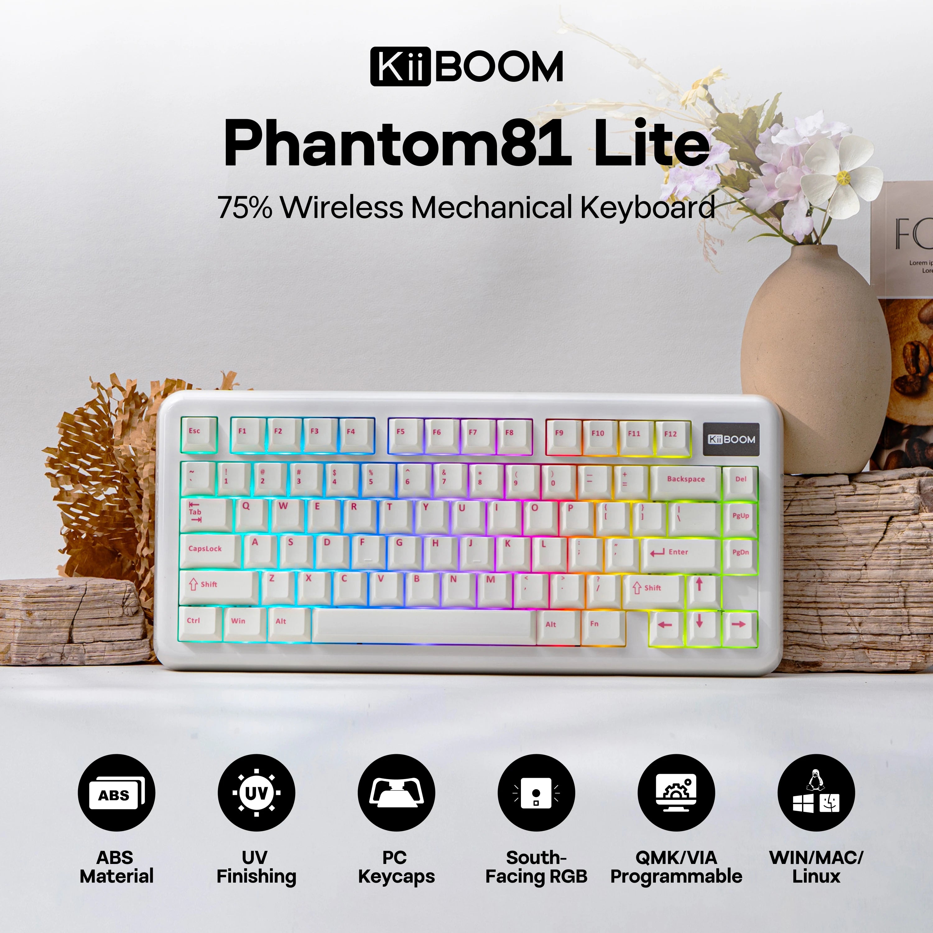 KiiBOOM Phantom81 Lite QMK/VIA 75% Hot-Swap Gasket Wired/BT/2.4GHz Wireless Mechanical Keyboard ABS Case+UV Tech RGB Backlights