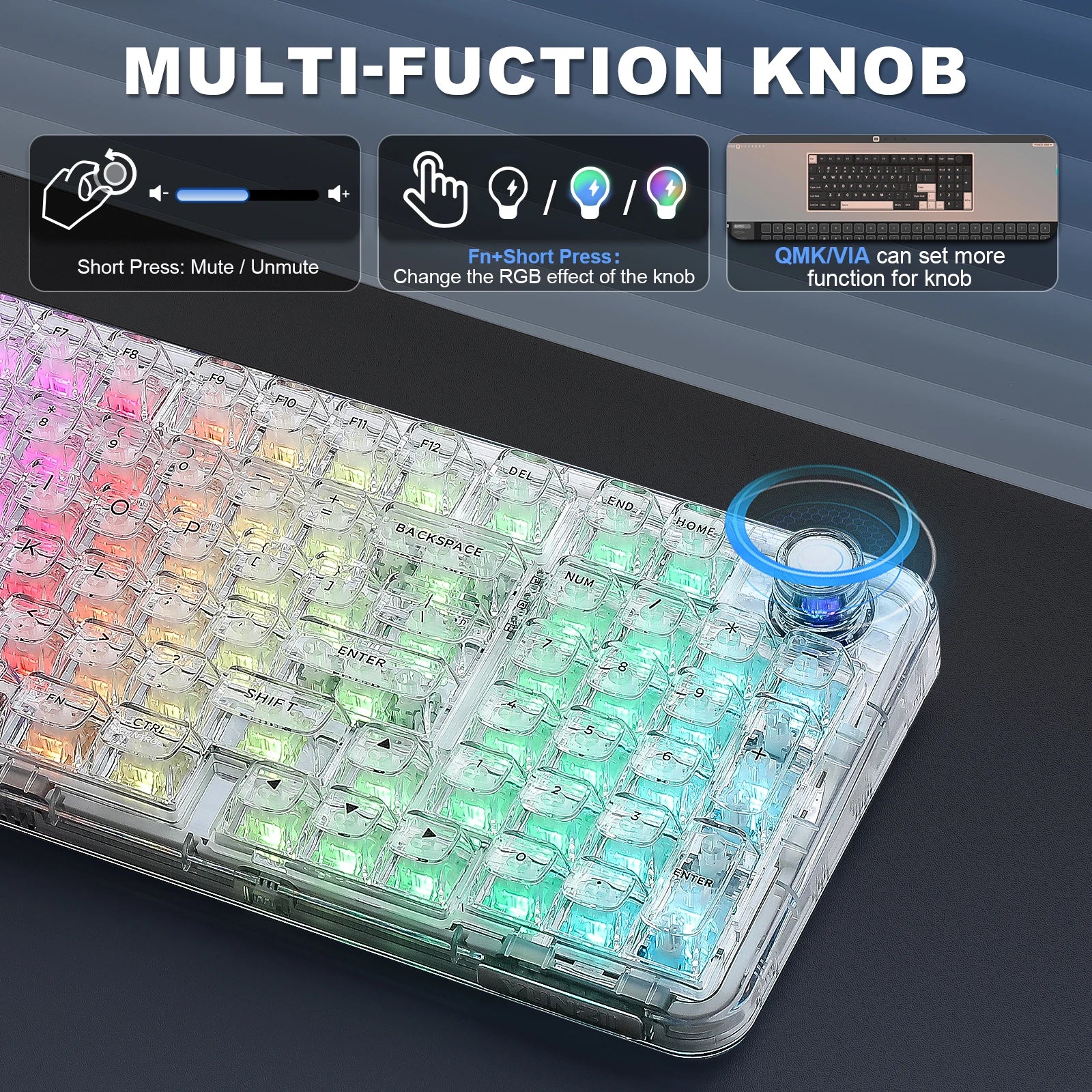 YUNZII X98 White Transparent Mechanical Gaming Keyboard, Wireles Custom QMK/VIA RGB Keyboard with Knob, Gasket Mount for Win/Mac