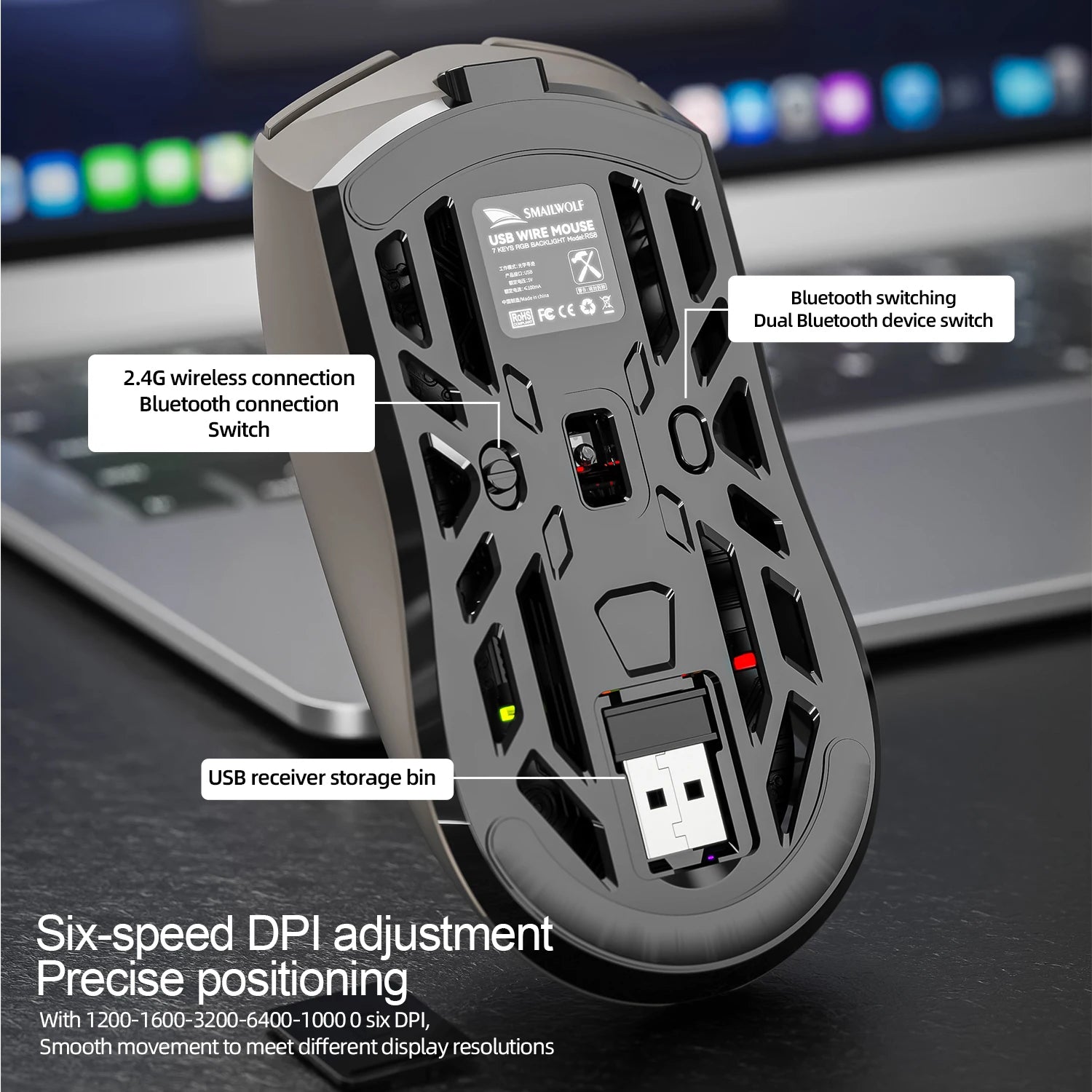 SMAILWOLF RS8 Gaming Mouse Bluetooth Wireless Three-mode Lightweight Hollow Design 1K Return Computer Long Battery Life