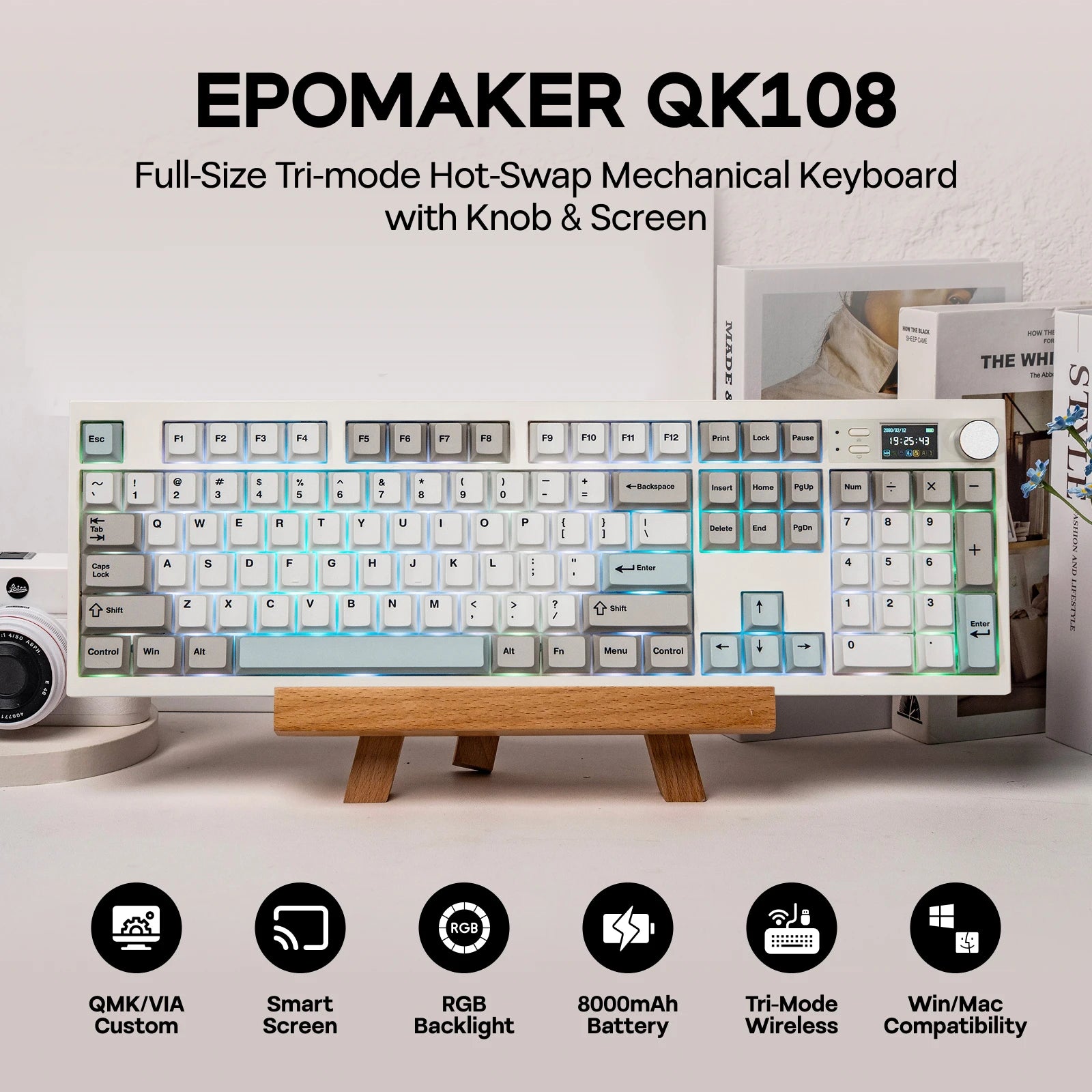 EPOMAKER QK108 QMK/VIA Full-Sized ANSI US Layout Hot-Swap Wired/Bluetooth/2.4Ghz Wireless Mechanical Keyboard with Screen & Knob