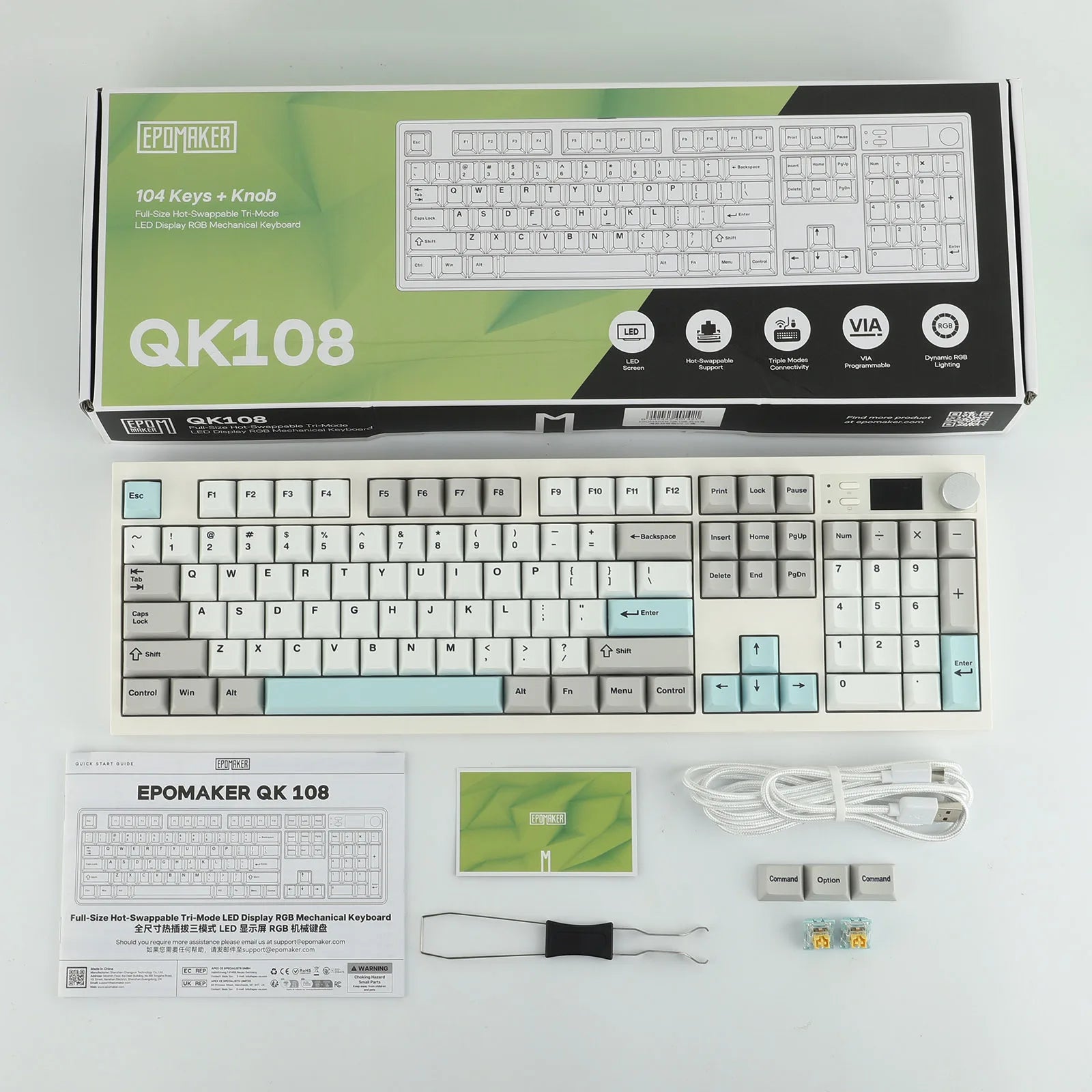 EPOMAKER QK108 QMK/VIA Full-Sized ANSI US Layout Hot-Swap Wired/Bluetooth/2.4Ghz Wireless Mechanical Keyboard with Screen & Knob