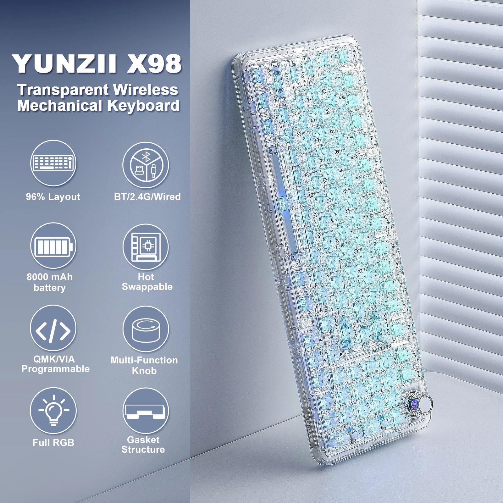YUNZII X98 White Transparent Mechanical Gaming Keyboard, Wireles Custom QMK/VIA RGB Keyboard with Knob, Gasket Mount for Win/Mac