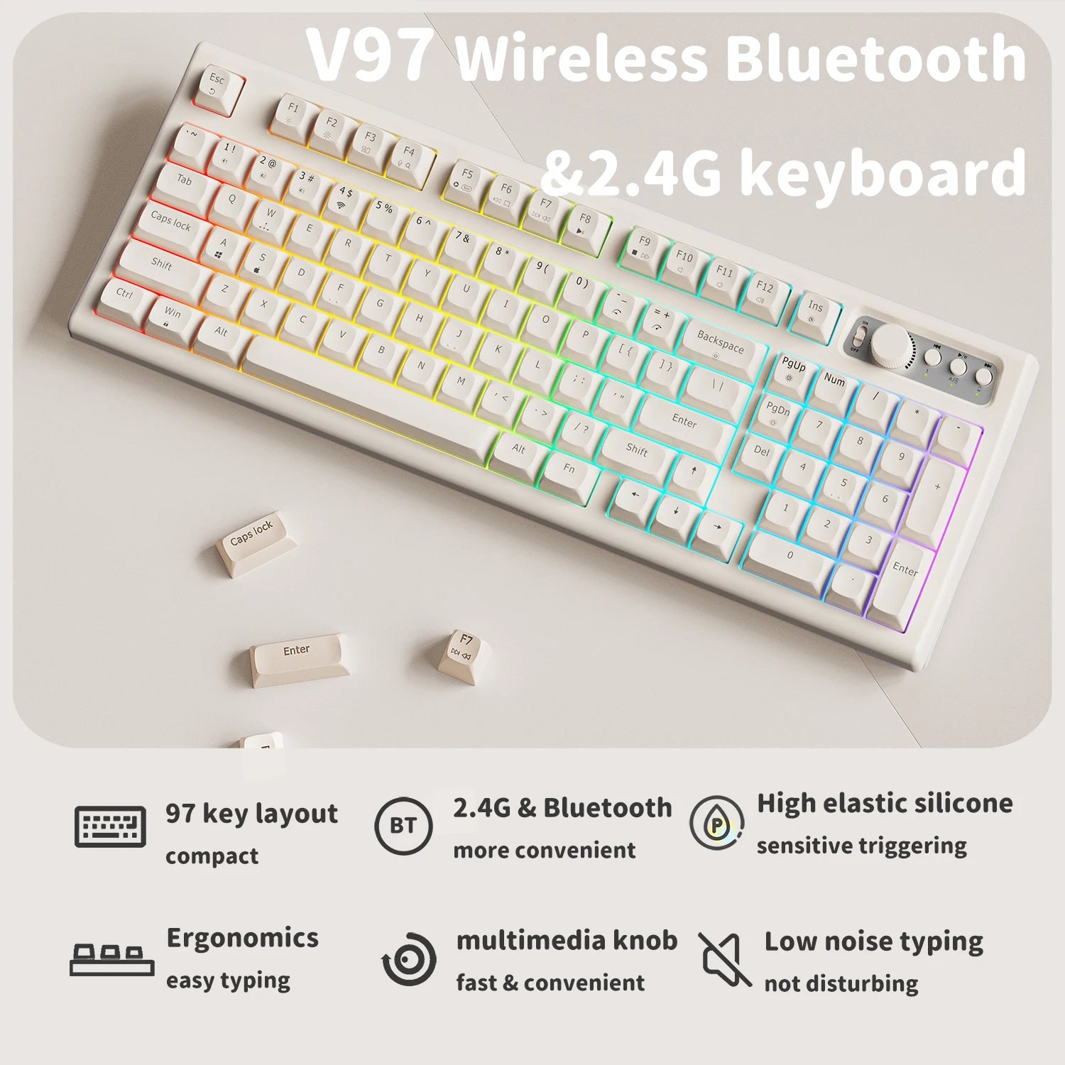 EWEADN V97 Cute Creamy Keyboard, Bluetooth/2.4GHz Gaming Keyboard Wireless with RGB Backlit, Rechargeable, Quiet, for PC Gamer