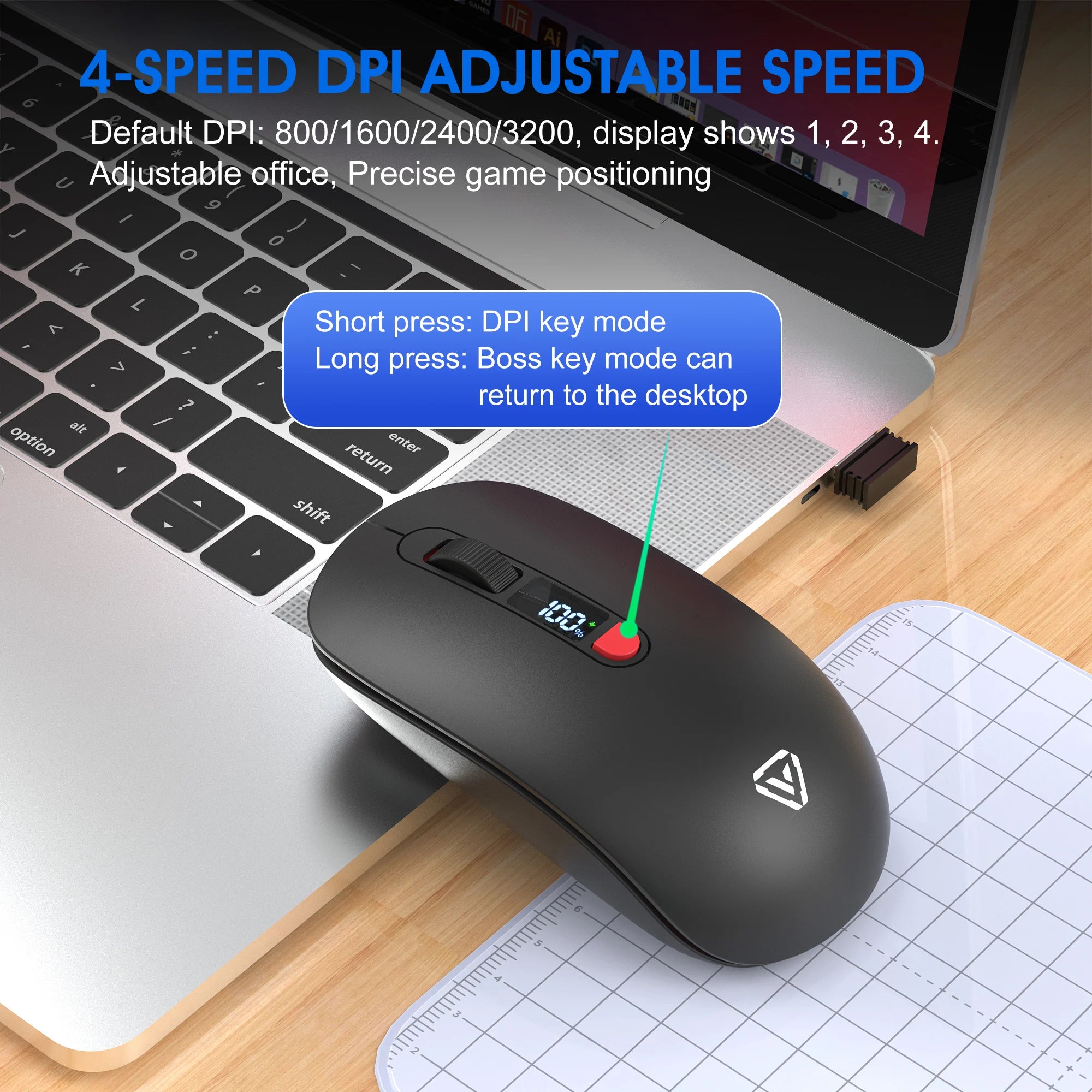 2.4G Bluetooth Wireless Mouse Mute Button Rechargeable 500mA Battery Laptop Office Computer Digital Display Battery Level 4 DPI