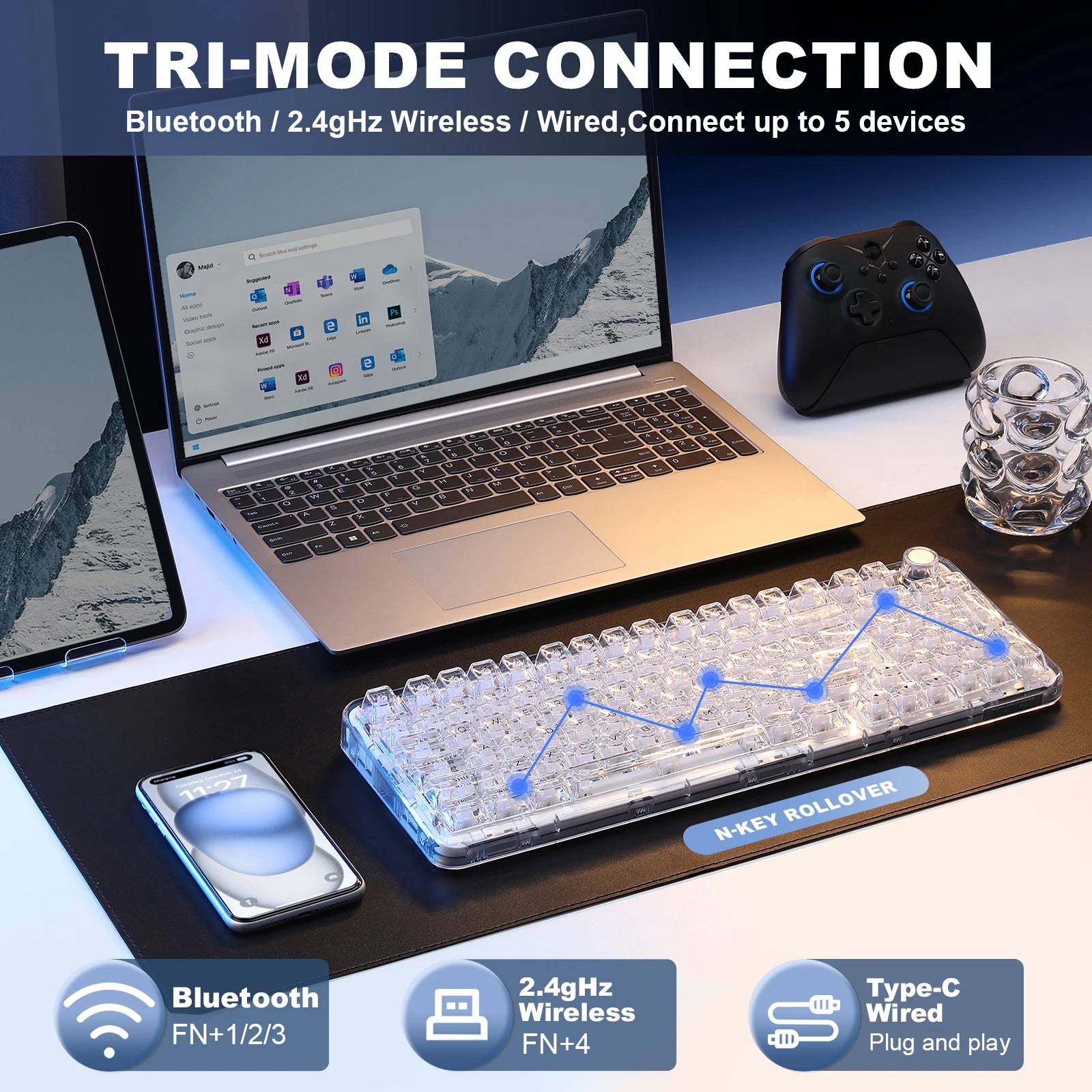 YUNZII X98 White Transparent Mechanical Gaming Keyboard, Wireles Custom QMK/VIA RGB Keyboard with Knob, Gasket Mount for Win/Mac