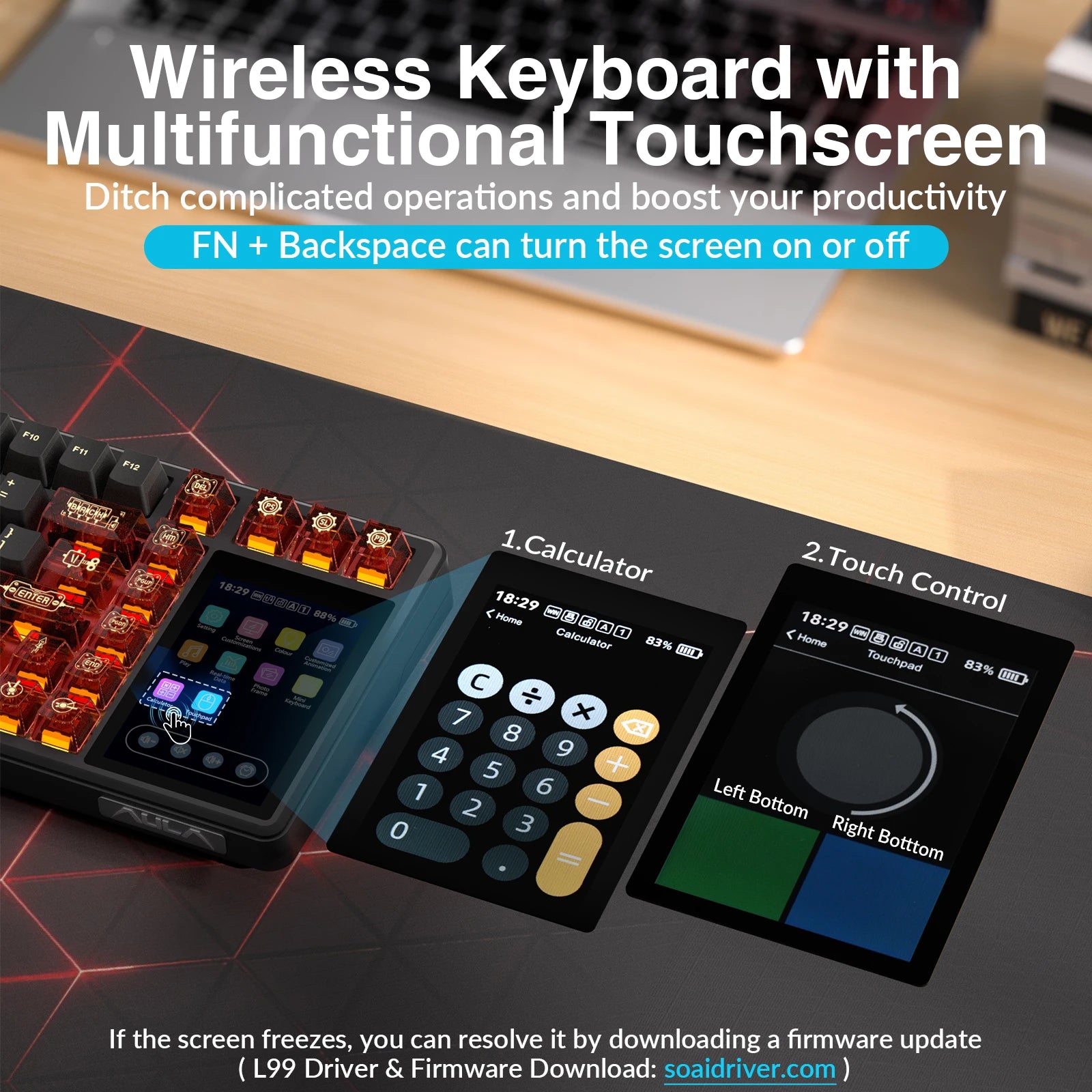 AULA L99 Keyboard Intelligent Touch-Screen Keypad Wireless Tri-mode Gaming Keyboard 8000mAh Battery for Laptop for PC